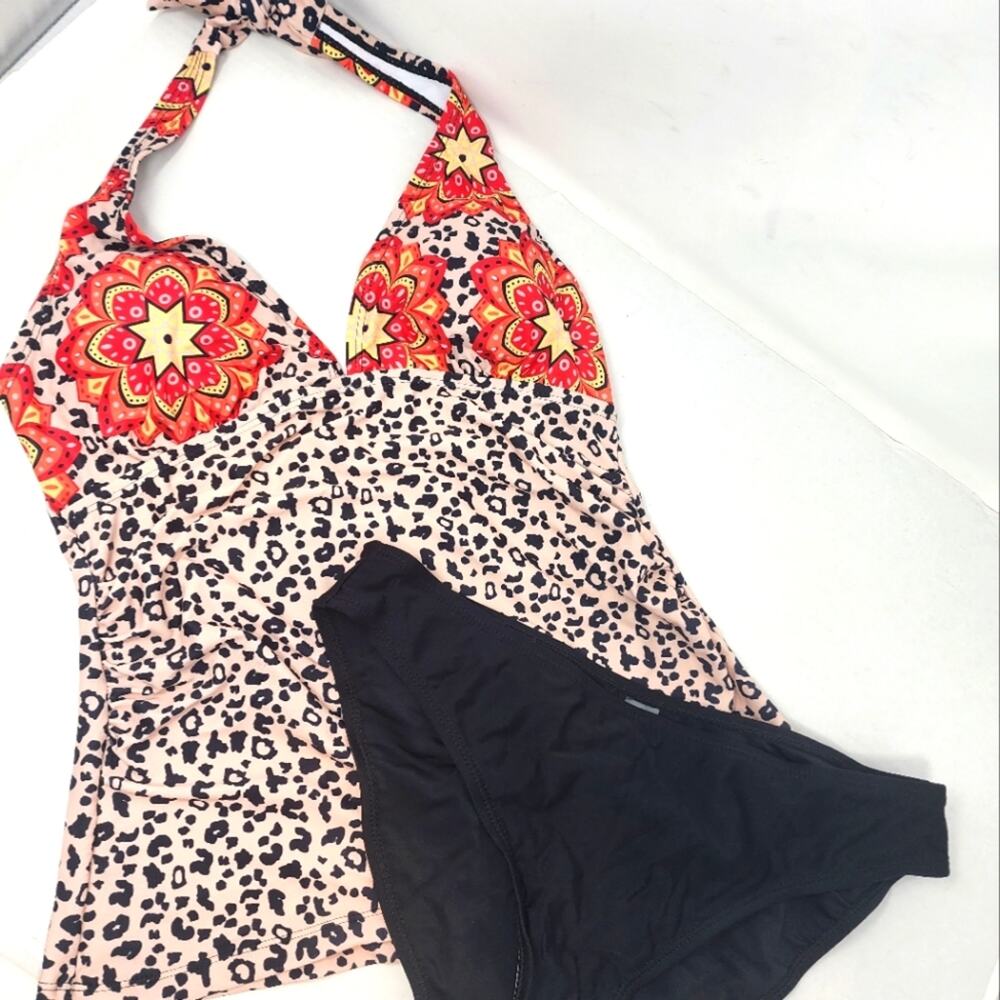 Halter‎ Neck Tankini 2 Piece Swimsuit Leopard Print Cheetah Women's Size S